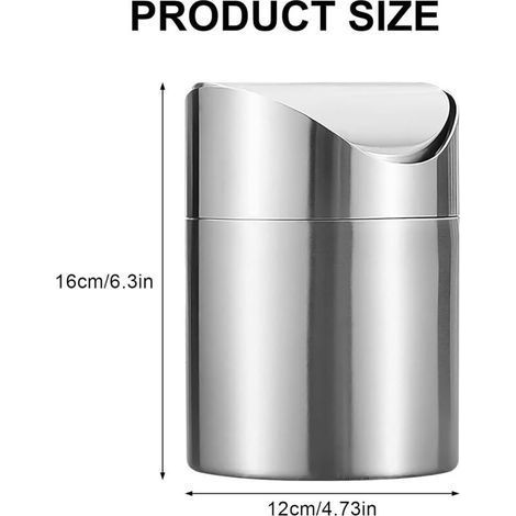 Mini-Tischmülleimer mit Deckel, 2 l kleiner Badezimmermülleimer, Edelstahl-Büromülleimer für Schreibtisch, Schminktisch, Nachttisch (Silber, 12×12×16 cm) (1/4)