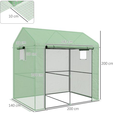 Serre de jardin verte 200x140x200cm, porte enroulable fenêtres grillagées pour plantes (1/5)