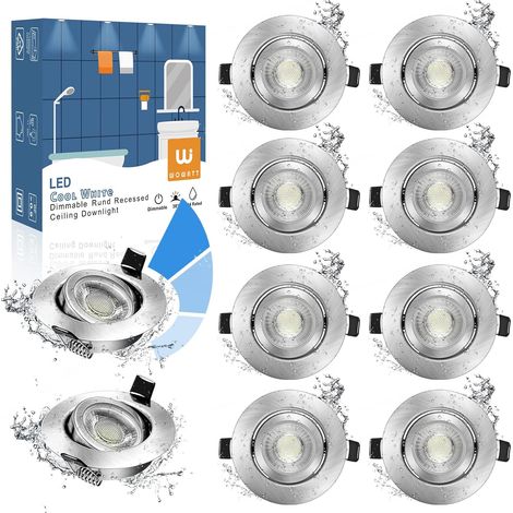 10× IP44 Spot Encastrable Blanc Salle de Bain Dimmable 7W Equi. 70W Ampoule Halogène Blanc Chaud 2800k Spot Encastré Extra Plat 28mm Plafonnier Encastrable Orientable 220V 700LM Éclairage Rond (1/5)
