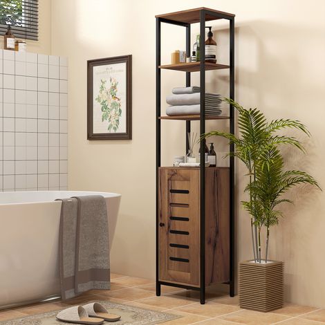 Colonna stretta per bagno con anta a doghe, ripiani regolabili, vani a giorno, 37x30x167 cm, marrone rustico.