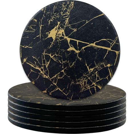 (6PCS)Dessous de Verre Cuir PU Effet Marbre Noir, Dessous de Tasse Antidérapants et Isolants, sous Verres Ronds pour Café, Bière et Boissons (1/5)