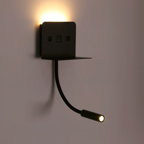 Aplique De Pared Para Lectura "SLANGE 2" - 3W + 6W - Puerto USB - Blanco Cálido - Negro
