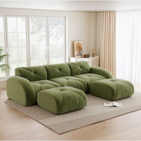 Canapé modulare 3 posti verde in ciniglia senza telaio con pouf, seduta morbida e design antiscivolo (1/5)