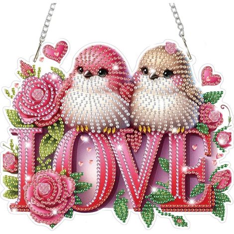 Kit de peinture diamant 5D Tourtereaux avec inscription LOVE, décoration murale à suspendre pour fenêtre