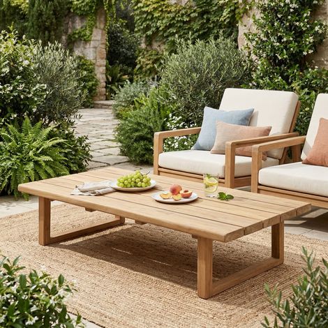 Naturel – Table basse de jardin en teck massif 153x72x30,5 cm – pieds rectangulaires – Résistante aux intempéries – SKU NATOFT15372S