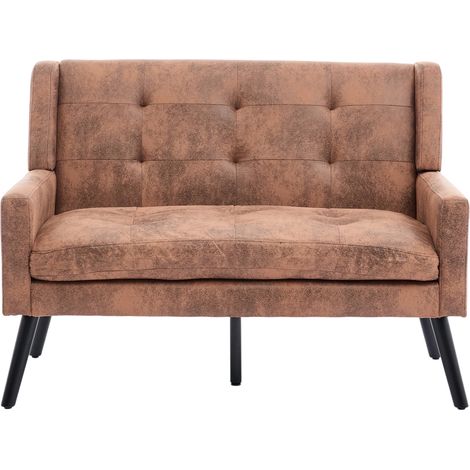 CAIziBanquette premium en lin 2 places avec pieds en bois massif antidérapants et coussins en mousse haute densité – banquette d’appoint capitonnée à boutons pour salon, chambre et bureau (1/5)