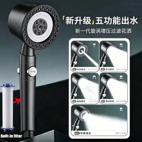 Pommeau de douche spa massant à 5 modes avec filtre, haute pression, économie d'eau, arrêt d'eau en une seule touche, douchette de salle de bain (1/5)