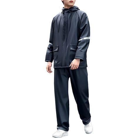 2-teiliger Regenanzug mit Hut, wasserdicht, reflektierende Streifen, geteilte Regenjacke und Regenhose, Herren, Schwarz, XL (1/5)