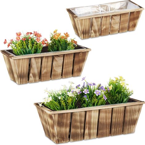 Relaxdays Blumenkasten 3er Set, Pflanzkästen in 3 Größen, geflammtes Holz, Pflanzgefäße mit Folie, innen & außen, braun (1/5)