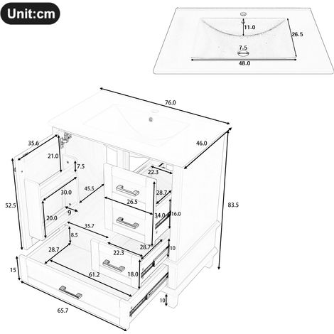 Meuble de salle de bain sur pied 76 x 46 x 83,5 cm – Meuble sous‑vasque finition laquée intégrale, étagère de porte, trois tiroirs silencieux, vasque céramique intégrée, gris – Confort d’utilisation a (1/5)