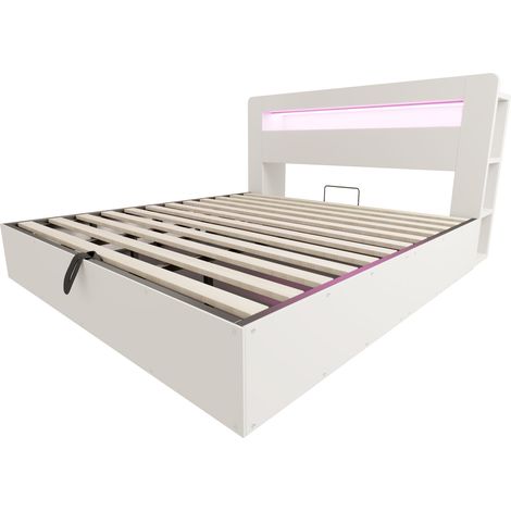 GagaLit coffre bois 180x200 cm LED prises USB blanc (1/5)