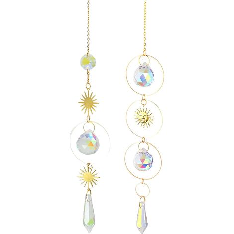 Juego de 2 atrapasueños de cristal colgante, prisma arcoíris con patrón de luna y sol plateados, decoración brillante para ventana, hogar, jardín, idea de regalo para esposa, mamá, para boda de Navida (1/5)