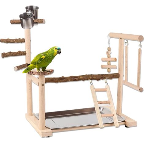 Stand - Wooden Bird Playground with Ladder, Swing, Feeder, Tray and Gymnastics Toys Perch for Small to Medium Birds (1/5)