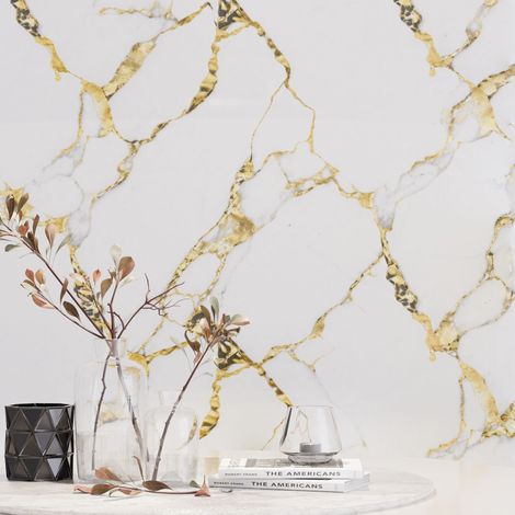 Panel de pared adhesivo efecto mármol Blanco Oro  250 x 120 cm  autoadhesivo  revestimiento mural brillante