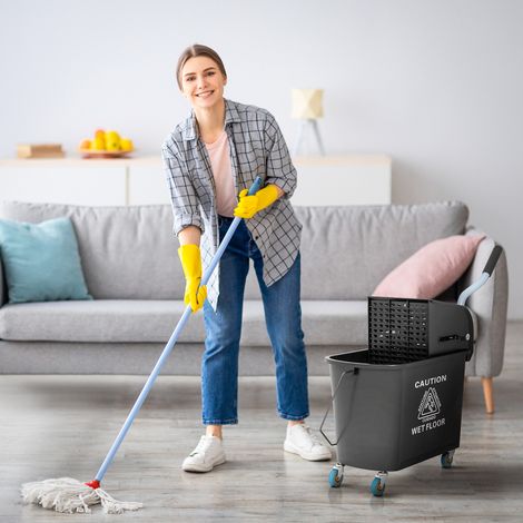 Chariot de nettoyage 20 L avec presse, 2 compartiments, plastique noir, OKWISH (1/5)