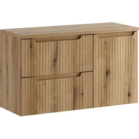 Badezimmer-Set VANO in hellem Eichenholz 100cm: Unterschrank mit Schubladen und integriertem Wäschekorb + Waschtischplatte