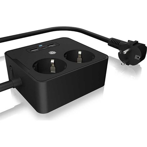 IB-MPS2220B-CH ICY BOX IB-MPS2220B-CH - Prise double avec 2x USB Type-A (max 10W) et 1x USB Type-C (max 15W) pour montage sur table ou mural (Noir)