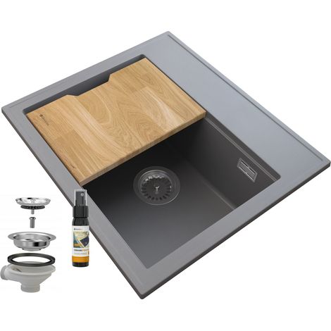 Évier de Cuisine en Granit FOXAL Gris avec Siphon et Planche 1 Ensemble (1/5)