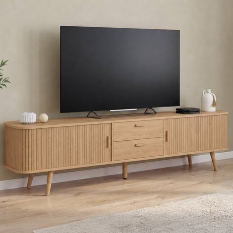 Mueble para televisión de 200 cm ROMIE, con 2 puertas correderas y 2 cajones con listones de madera en color roble