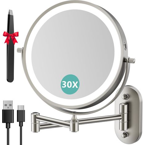 Miroir Grossissant Mural 1X/30X, Batterie 3200mAh, 3 Modes Couleur, Bouton Tactile 2 Faces, Miroir Grossissant Lumineux 360° Pivotant Extensible, pour Salle de Bain, Chambre, Hôtel, Vestiaire (1/5)