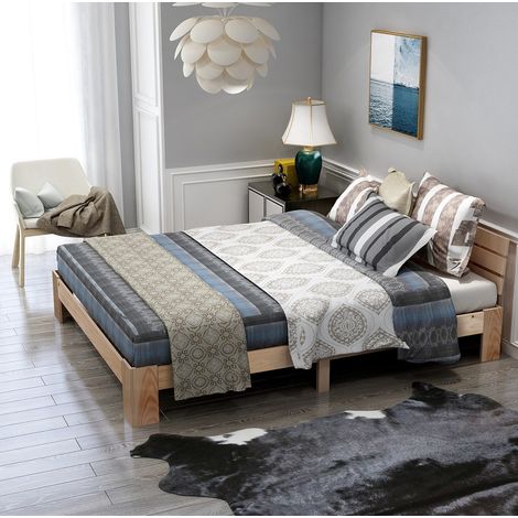 Letto matrimoniale 140x200 cm in legno con testiera e rete a doghe, naturale, senza materasso (1/5)
