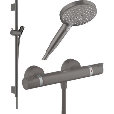 HANSGROHE Pack mezclador termostático de ducha Ecostat Comfort + Unica + barra flexible + rociador Raindance 3 chorros cromo negro cepillado