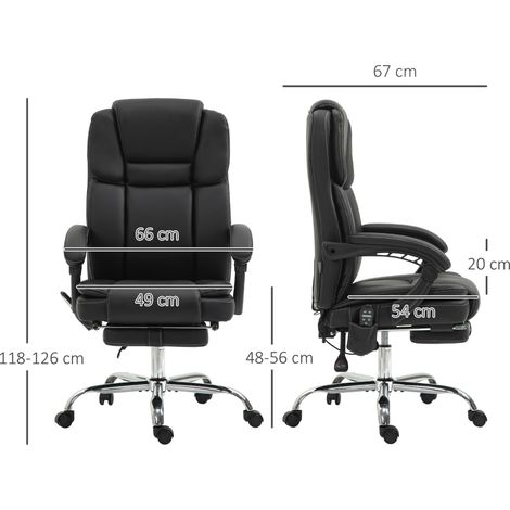 Fauteuil de direction ergonomique noir en similicuir, inclinable avec massage vibrant et chauffant, hauteur réglable, repose-pieds intégré, rangement latéral pratique (1/5)