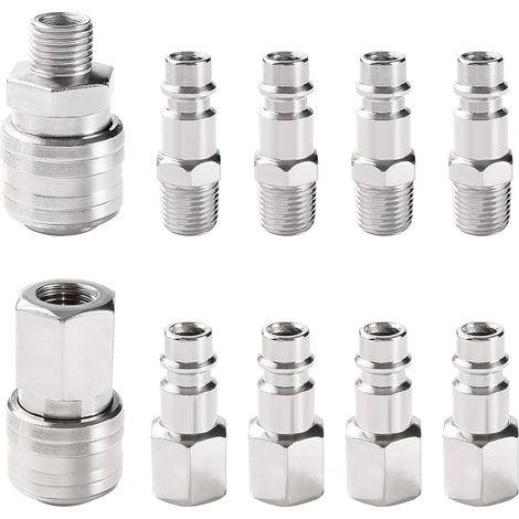10 Pièces 1/4" BSP Coupleur Pneumatique d'air Kit, Raccord Rapide Pneumatique Européen, Compresseur Raccord d'Air, pour Tuyau Compresseur, Argent (1/5)