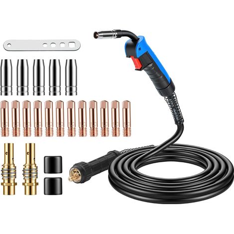 MB15 AK MIG/MAG-Schweißbrenner, 4 m mit Eurostecker und 22-teiligem Verschleißset inklusive Kupferdiffusor und Stromführungen, 180 A für CO₂-/Argon-Schweißen in Werkstatt und Industrie (1/5)