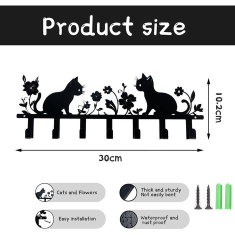 NPSPVOK Porte Clef Mural, Porte Clé Mural, Accroche Clef Murale Métallique Noir avec 7 Crochets pour organiseur de clés pour entrée, salon, chambre, rangement de clés (motif chat
