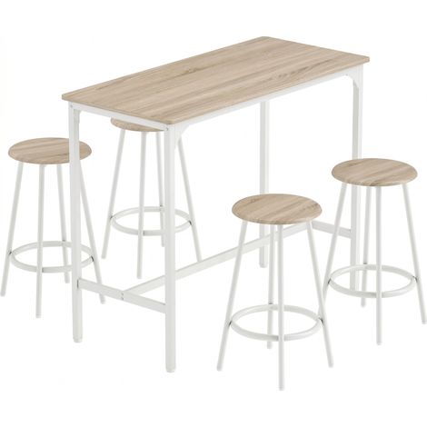 Ensemble table de bar de 5 pièces pour 4 personnes, table haute industrielle avec tabourets pour cuisine & salle à manger, chêne (1/5)