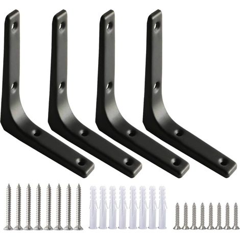 Lot de 4 supports d'étagère muraux robustes noirs en forme de L (100 mm) avec vis, compatibles avec les meubles en acier. (1/4)