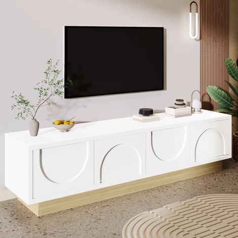 Meuble TV blanc bois 175cm, 4 portes design incurvé minimaliste + étagères + gestion câbles (1/5)