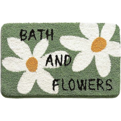 Tapis de bain antidérapant noir et blanc en microfibre douce et moelleuse, absorbant et lavable, 40 x 60 cm, motif fleurs vertes (1/4)