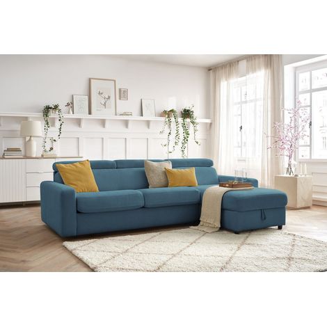 Bobochic – Canapé d'angle réversible convertible coffre 3 places – Têtières ajustables – Tissu 100% polyester – Longueur 277cm – Style moderne – Bleu clair (1/5)