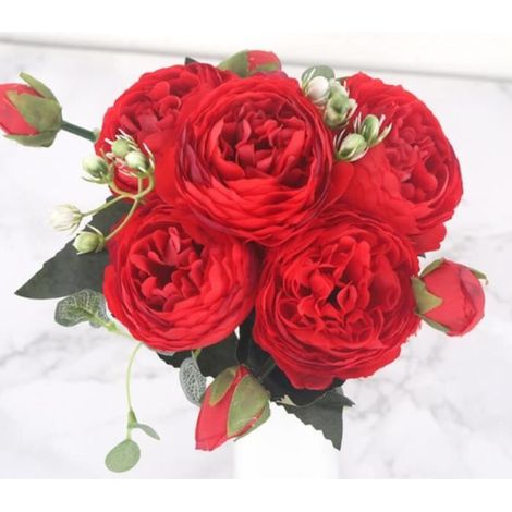 Fleurs artificielles - - Pivoine - 5 grandes têtes - 4 bourgeons - Soie rose