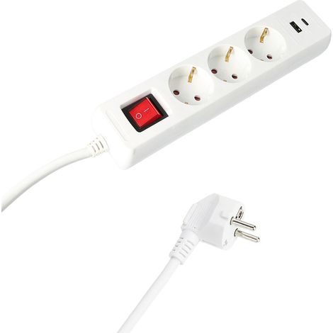 Base Multiple 3 Tomas Schucko y 2 tomas USB (A / C) Con Interruptor y Toma de Tierra