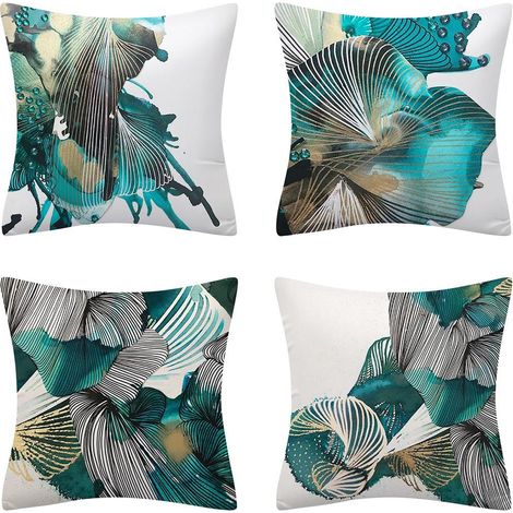 Housse de coussin 45x45 cm bleu turquoise, lot de 4 taies d'oreiller carrées peintes à la main, motif papillon et abstrait, fermeture éclair invisible, idéal pour canapé et divan (1/5)