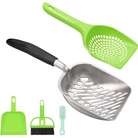 Lot de 4 pelles à litière pour chat - Pelle à litière pour chat en aluminium robuste - Taille : long manche en silicone - Pelle profonde avec petits trous - Pelle en plastique pour chat - Vert (1/5)
