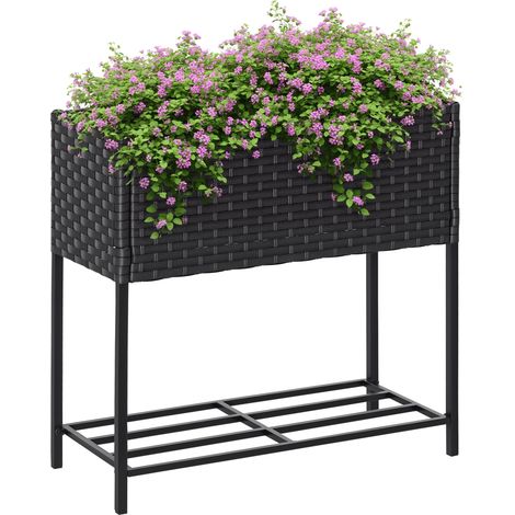 Outsunny Poly Rattan Hochbeet Blumenkasten mit Füßen Rattan Blumenkasten Blumentopf mit Ablage Braun 70 x 30 x 70 cm