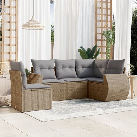 6-tlg. Garten-Sofagarnitur mit Kissen Beige Poly Rattan (1/3)