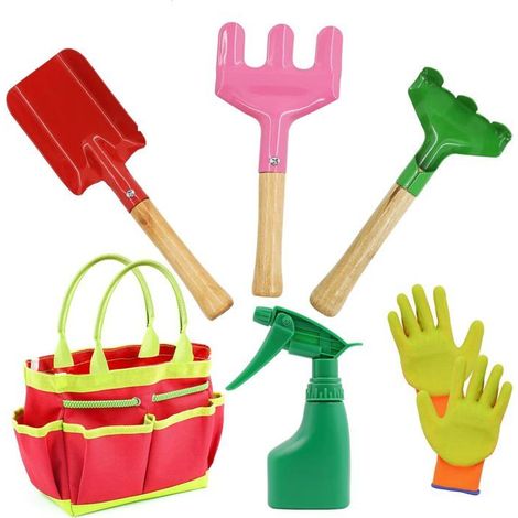 7 pièces outils jardin, couleurs pastel, gants + arrosoir + râteau + pelle + fourche, jouets éducatifs pour enfants, jardin et plage