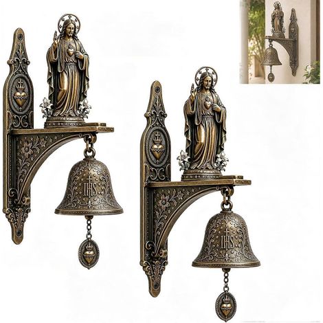 Cloche murale vintage Sacré-Cœur de Jésus décoration religieuse catholique maison/jardin statue bronze antique suspendre église lot de 2 pièces (1/5)
