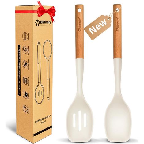 2er Kochlöffel-Set Silikon mit Holzgriff, hitzebeständig, kratzfest, weiß