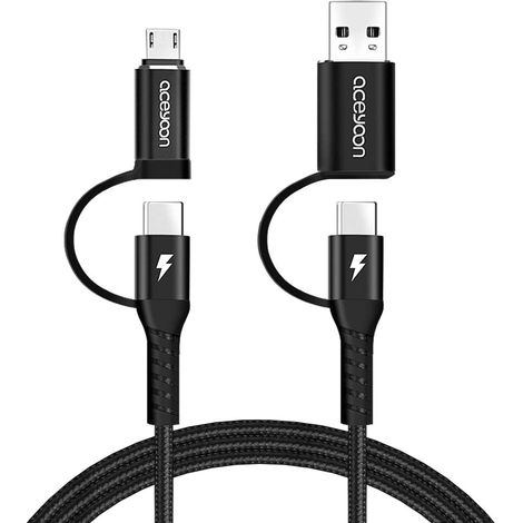 Câble Multi USB, 2 USB C + Micro USB Multi Embout Support QC 3.0 Cable USB C vers USB C/Micro USB Charge Rapide Compatible avec 15, pour Galaxy S23 S22 (Noir) (1/5)