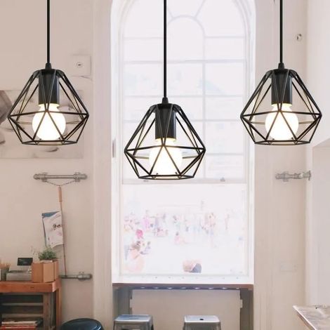 Retro Lampe Suspension Industriel E27 Suspension Luminaire en Cage Forme Diamant (1/4)