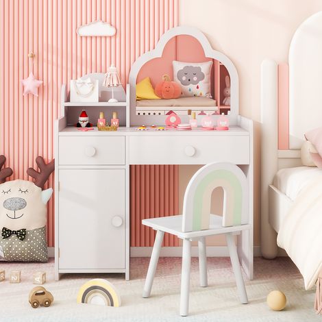Coiffeuse enfant 2-en-1 avec miroir nuage, tabouret et rangement, bureau enfant pour maquillage et étude, 3-7 ans (1/4)