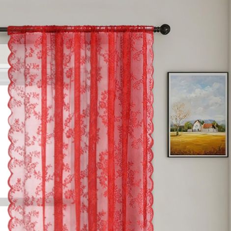 Panneau de rideau en dentelle transparente brodée florale vintage, rideau en tulle, rideaux de fenêtre romantiques vintage, décoration de la maison (100 x 150 cm, rouge) (1/5)