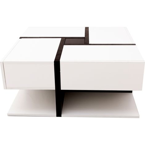 Mesa de centro cuadrada brillante 78 x 78 x 36 cm con 4 cajones blanco y negro (1/5)