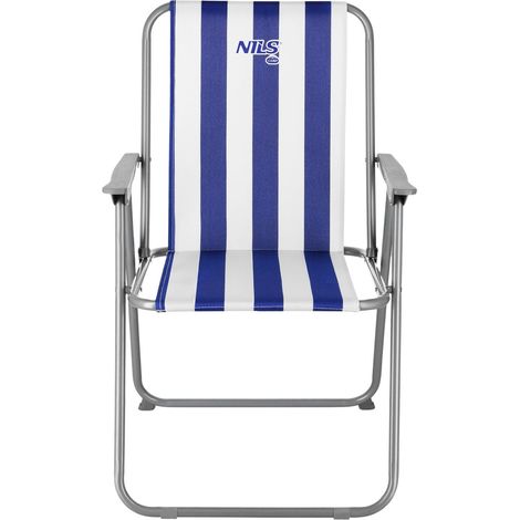 Silla de camping plegable, azul y blanca, diseño portátil